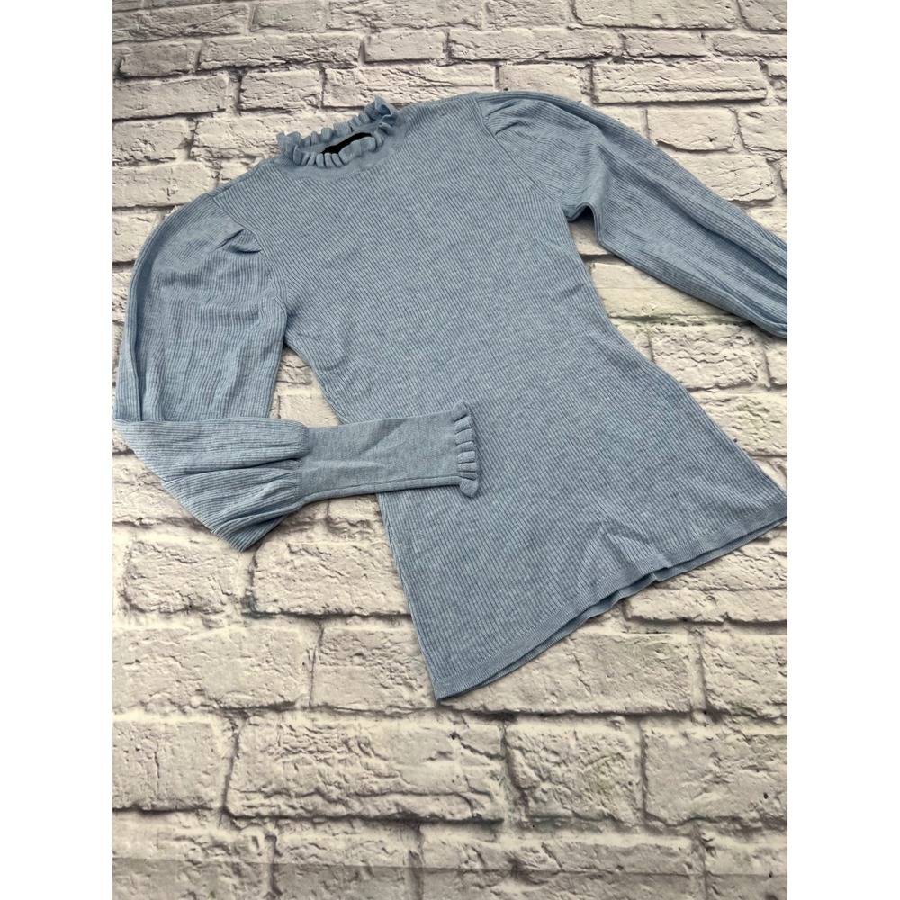 White House Black Market Cashmere Blend Ruffle Puff Sleeve Sweater Blue S NWT